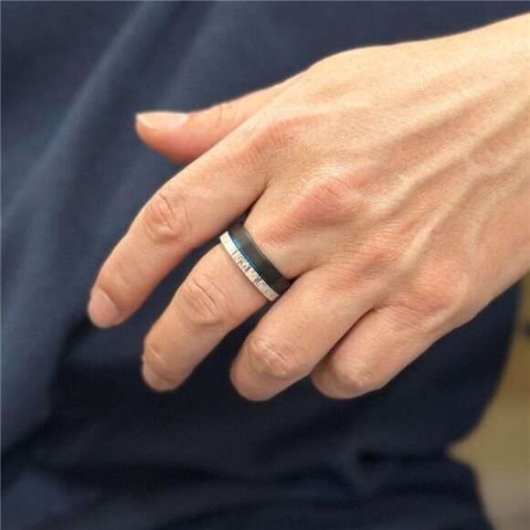 Men's Wedding Band Rings - Black Blue Deer Antler Design - Wedding Rings - Picture 3 of 7